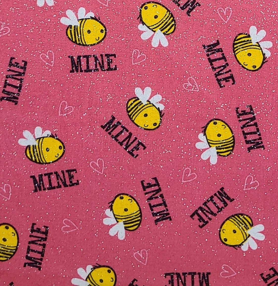 EOB - Joann Fabric - Bright Pink Fabric / Cartoon-Style Bee Mine / Allover Silver Glitter