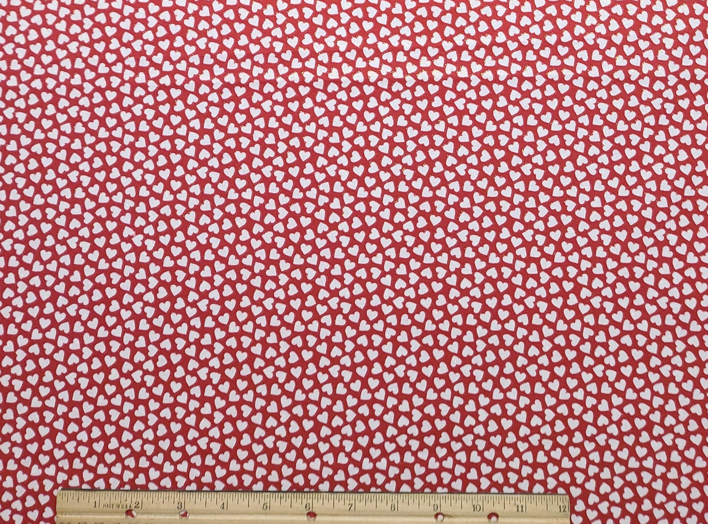 EOB - Sweet Hearts by Patty Reed Designs 2006 for Fabric Traditions - Dark Red Fabric / White Scattered Heart Print / Allover Silver Glitter