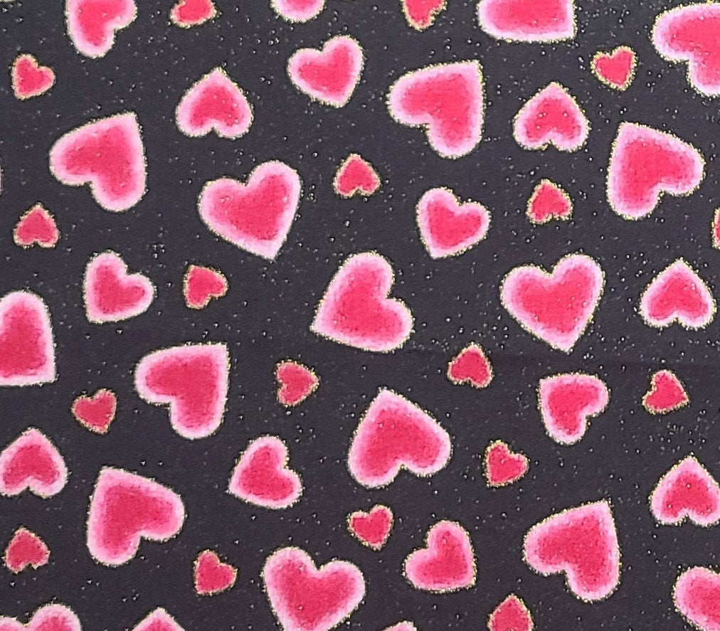 Fabric Traditions 1999 - Black Fabric / Dark and Light Pink Shaded Hearts (Outlined with Gold Glitter) Print / Allover Gold Glitter