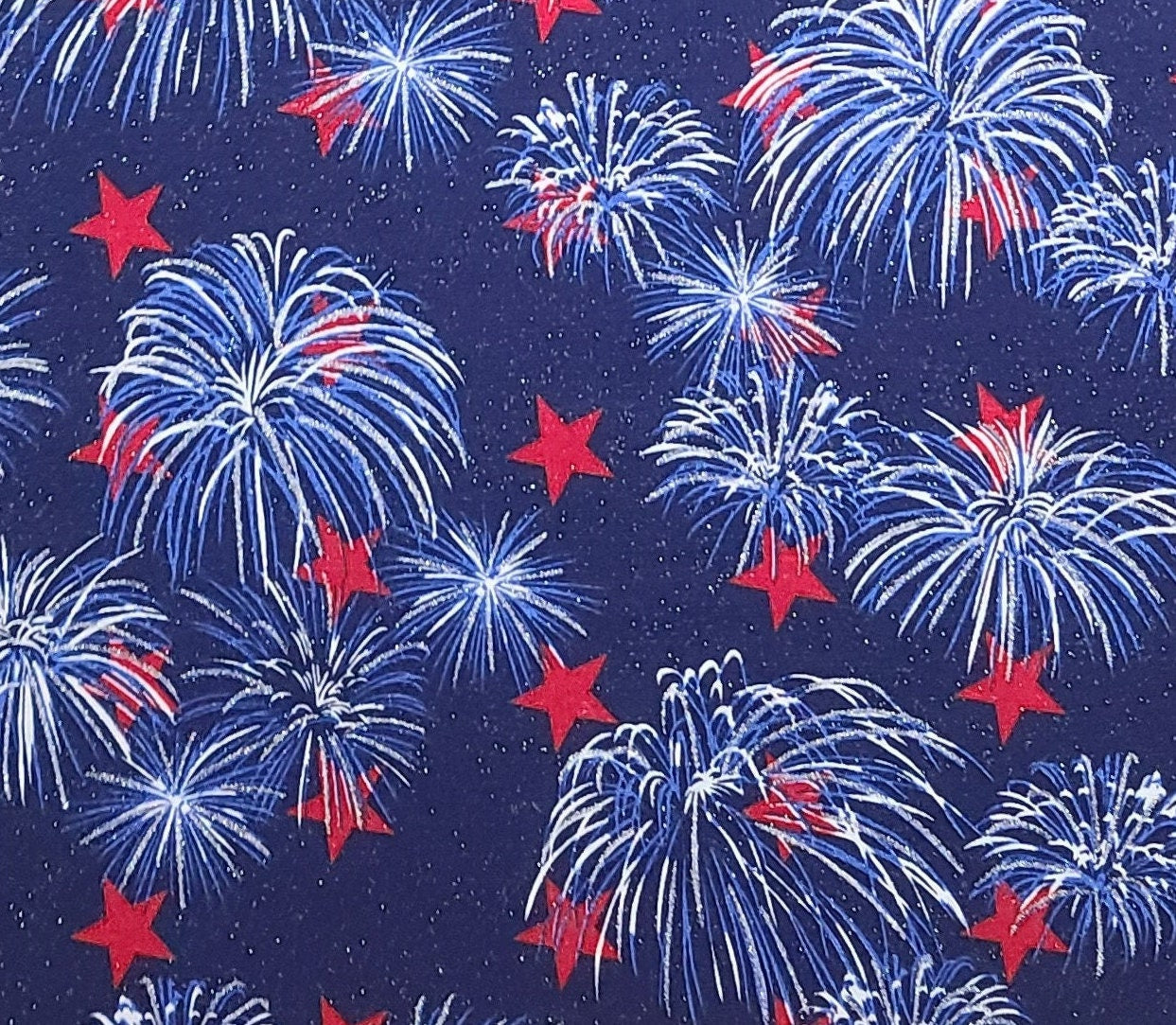 Fabric Traditions 2004 - Dark Blue Fabric / Medium Blue and White "Fountain Fireworks" Print / Dark Red Stars / Silver Glitter