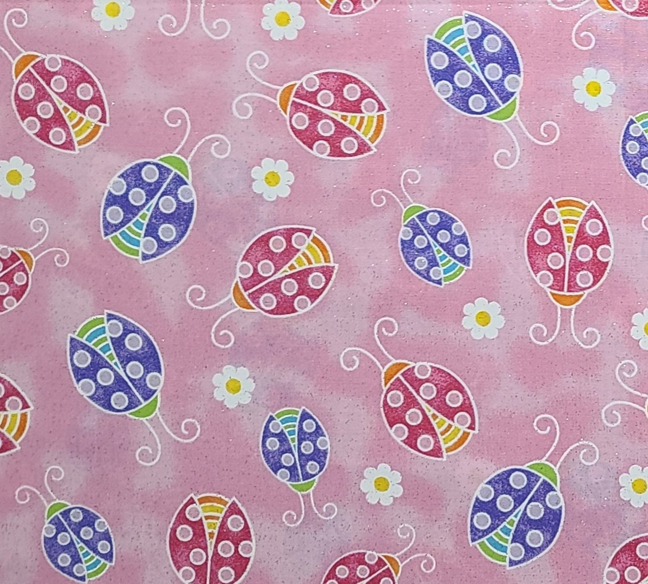 Fabric Traditions 2008 - Pink Tonal Fabric / Brightly Colored Lady Bug Print / White and Yellow Flower / Allover Silver Glitter