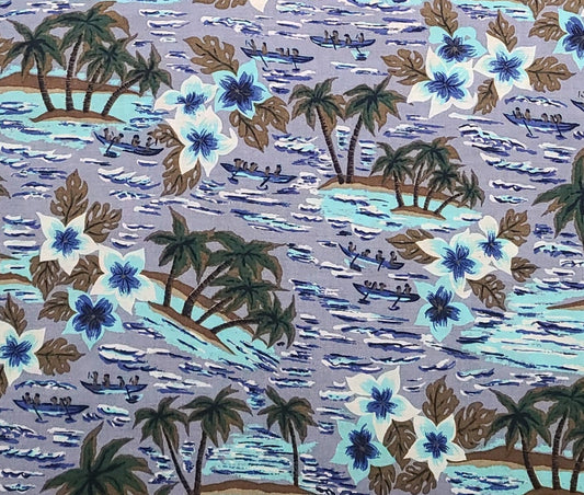 Light Purple Fabric / Tropical "Oasis" Print in White, Aqua and Blue Palm Trees