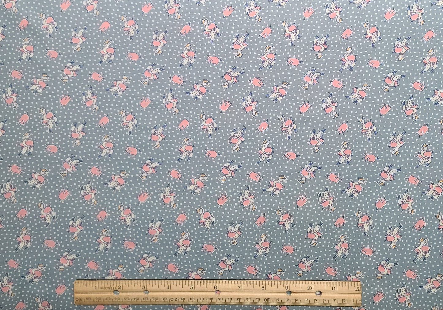 Just Makin' Conversation by Maywood Studio EESCO - Blue-Gray Fabric / White Polka Dot / Vintage Farmer and Pig Print