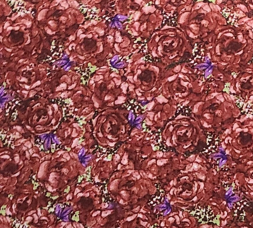 Grandma's Keepsakes by Anna Krajewski Licensed to SSI - Maroon Tonal Rose Print Fabric / Purple Flower Accents