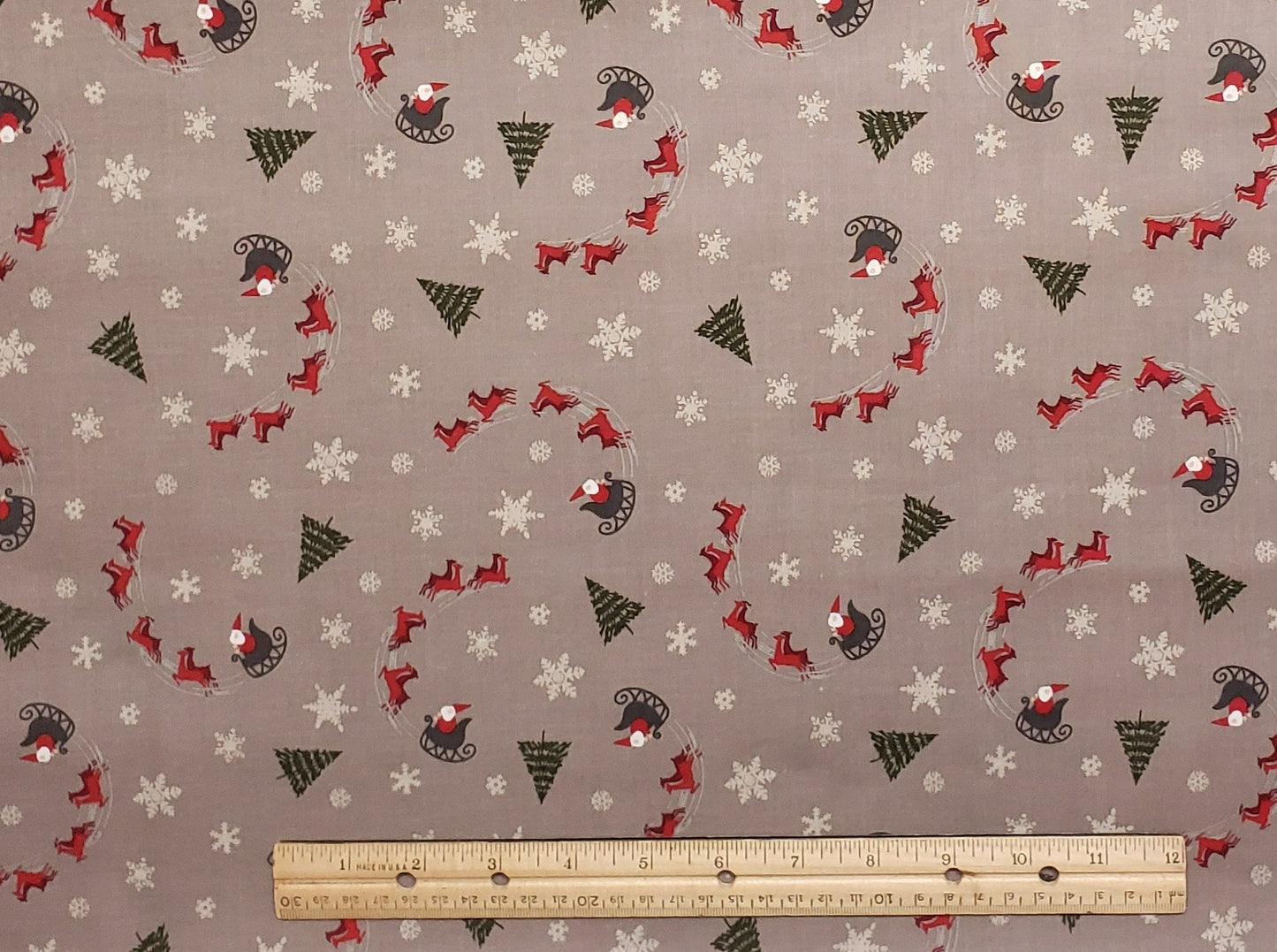 Riley Blake Designs Pattern C10902 Buttermilk Acres 2021 - Taupe Fabric/Red and Dark Red Reindeer and Santa/Dark Grees Trees/White Snowflake