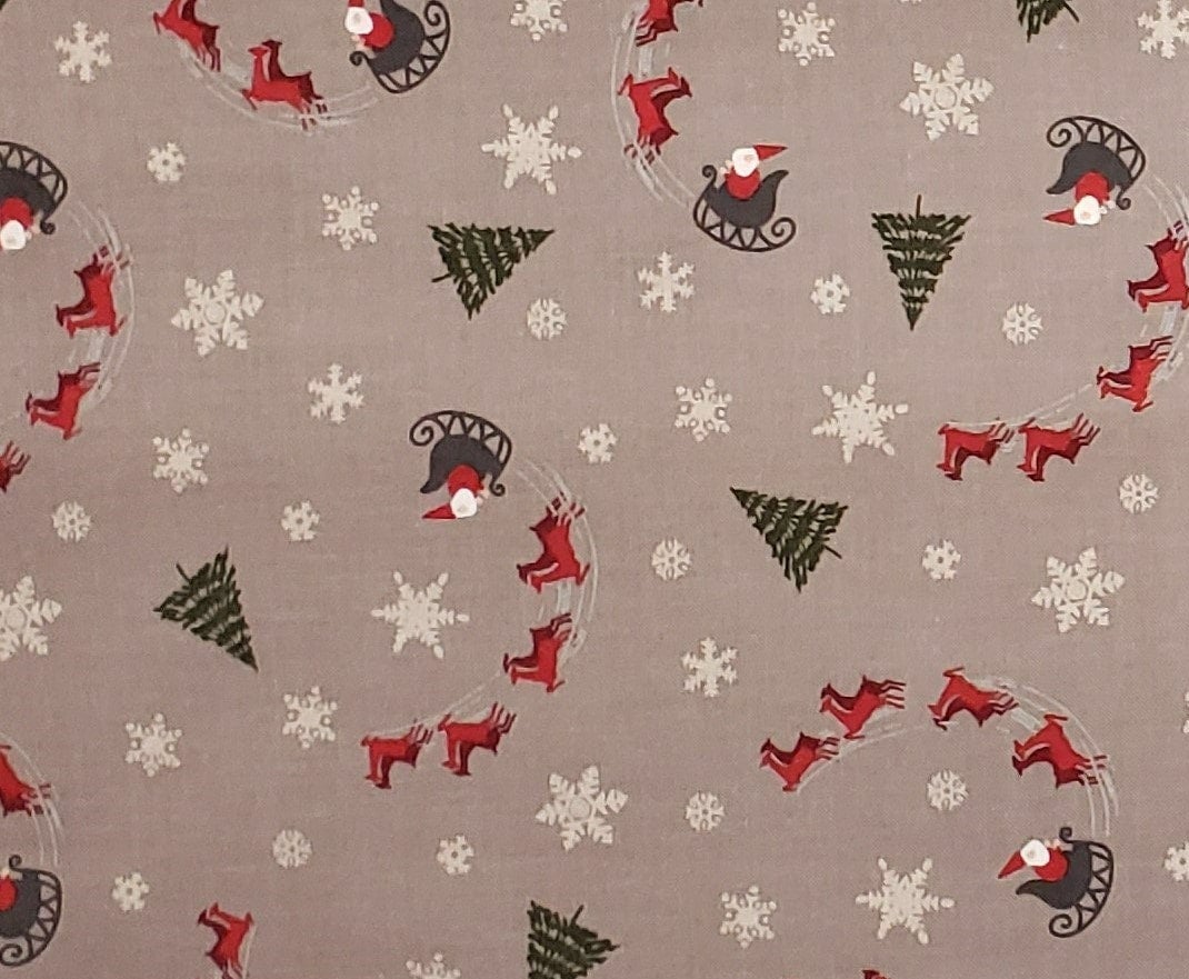 Riley Blake Designs Pattern C10902 Buttermilk Acres 2021 - Taupe Fabric/Red and Dark Red Reindeer and Santa/Dark Grees Trees/White Snowflake