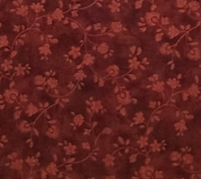 Dark Red Fabric / Tone on Tone Flower / Vine Print