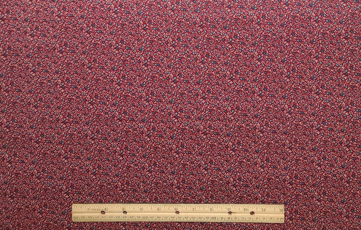 Springs Industries, Inc. - Burgundy Fabric / Dark Colonial Blue Hearts / White Vine and Leaf Print