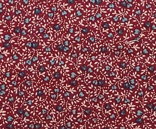 Springs Industries, Inc. - Burgundy Fabric / Dark Colonial Blue Hearts / White Vine and Leaf Print