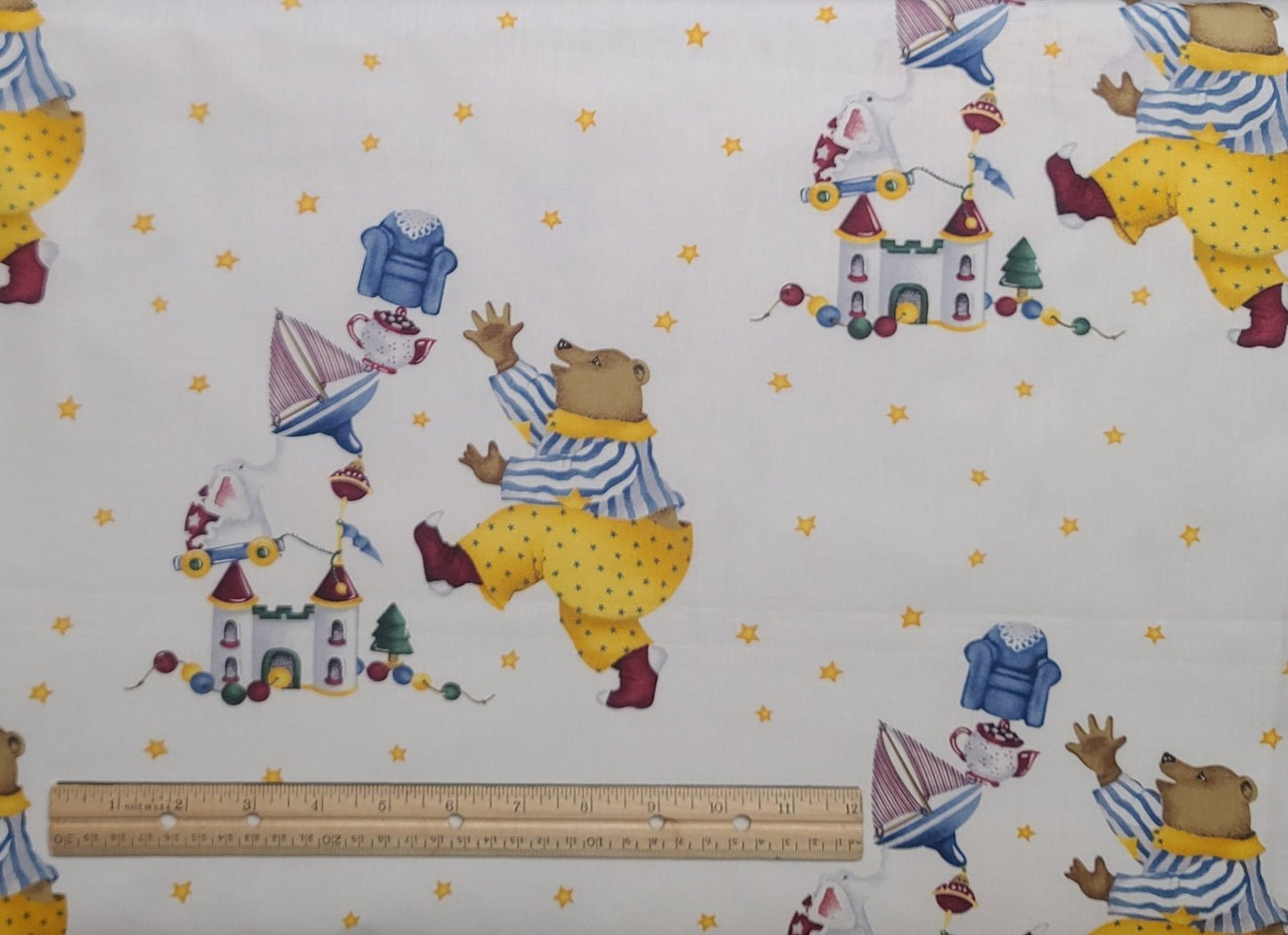 All Through the Night by Kathy Schmitz for Maywood Studio EESCO - Soft White Fabric/Gold Star Background / Bear in Pajamas with Toys Print