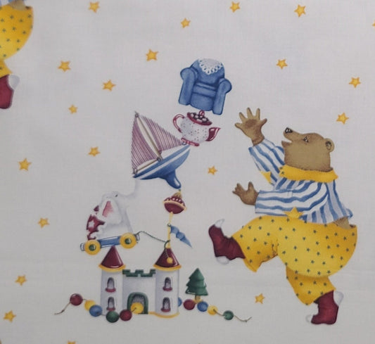 All Through the Night by Kathy Schmitz for Maywood Studio EESCO - Soft White Fabric/Gold Star Background / Bear in Pajamas with Toys Print