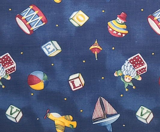 All Through the Night by Kathy Schmitz for Maywood Studio EESCO - Dark Blue Tonal Fabric / Tossed Vintage Toy Print in Primary Colors