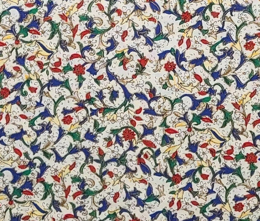 Hi Fashion Fabrics - Soft White Fabric / Red, Blue, Green and Soft Yellow Leaf and Flower Print / Gold Metallic Accents