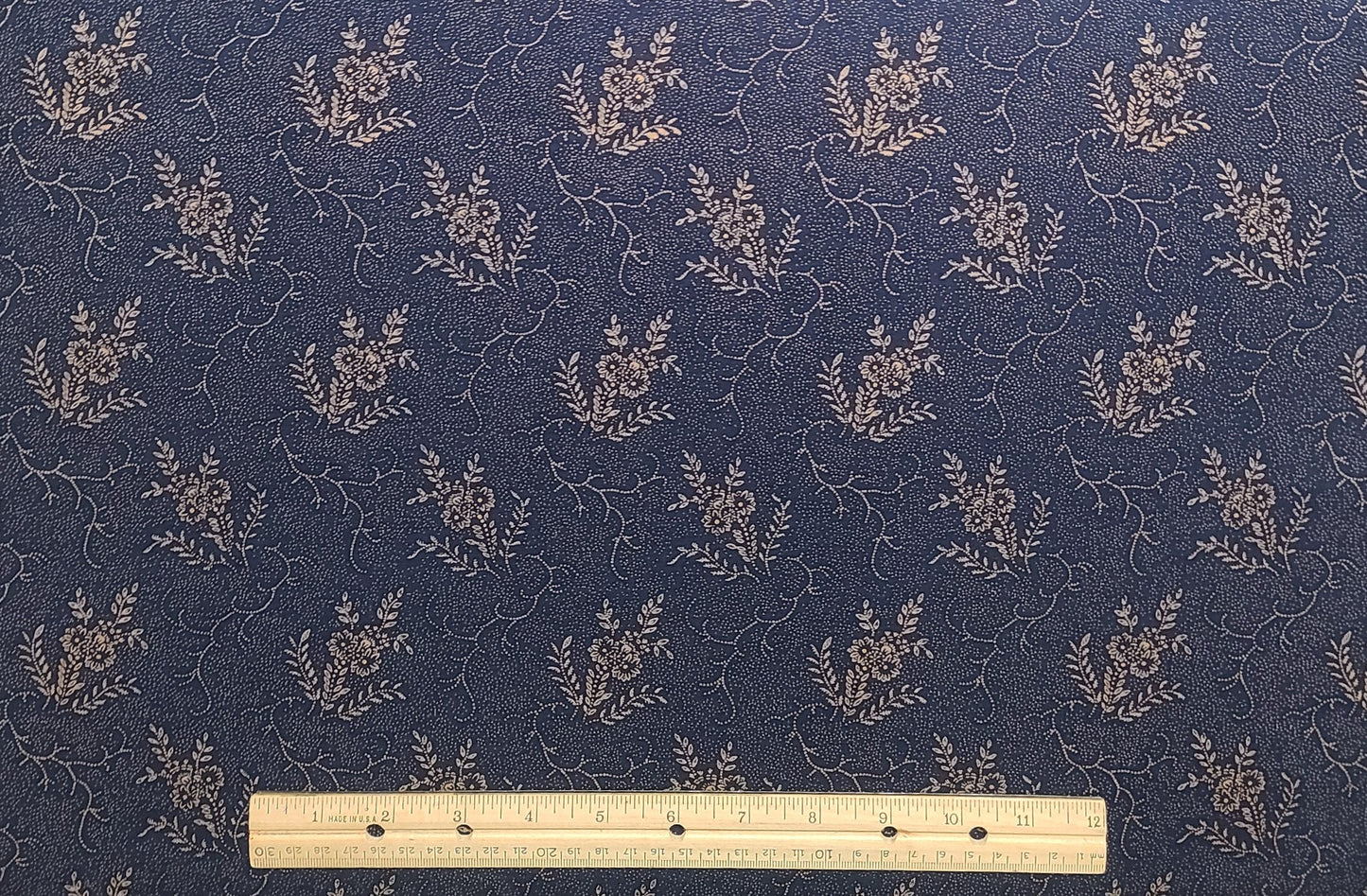 Dark Blue Fabric / Tan Victorian Style Flower Print - Selvage to Selvage Print