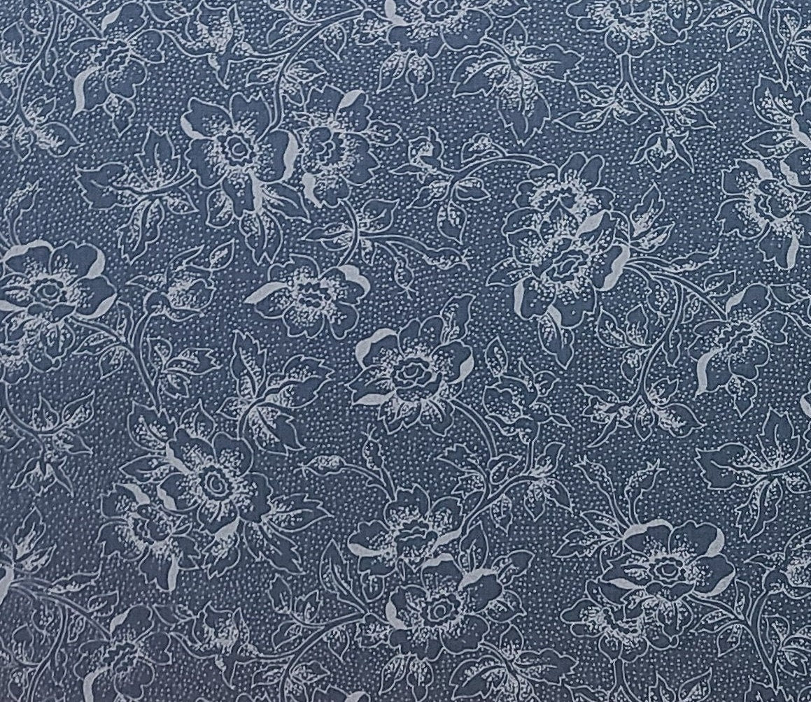 Fabric Country - Dark Colonial Blue Fabric / Tone-on-Tone Flower Print