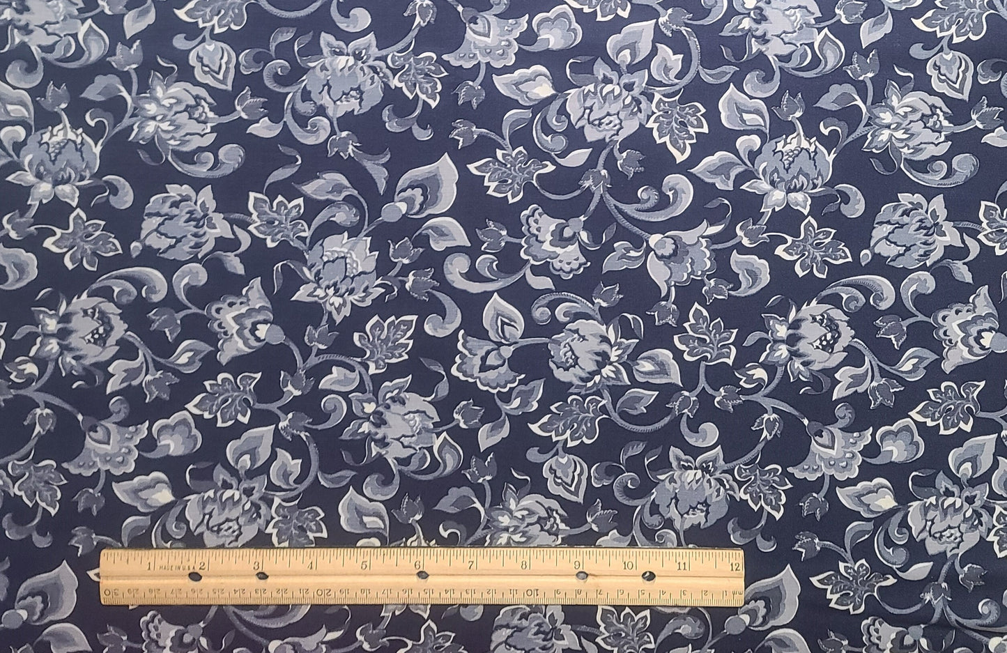 Dark Blue Fabric / Slate, Gray and White Flower Print - Selvage to Selvage Print