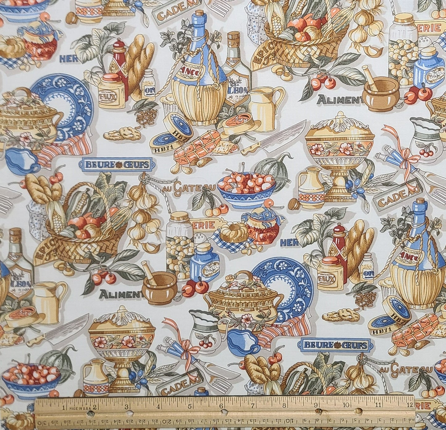 Kitchen Kitsch by Hoffman International Fabrics - Soft White Fabric / Country Blue, Coral and Tan Kitchen/Food Print