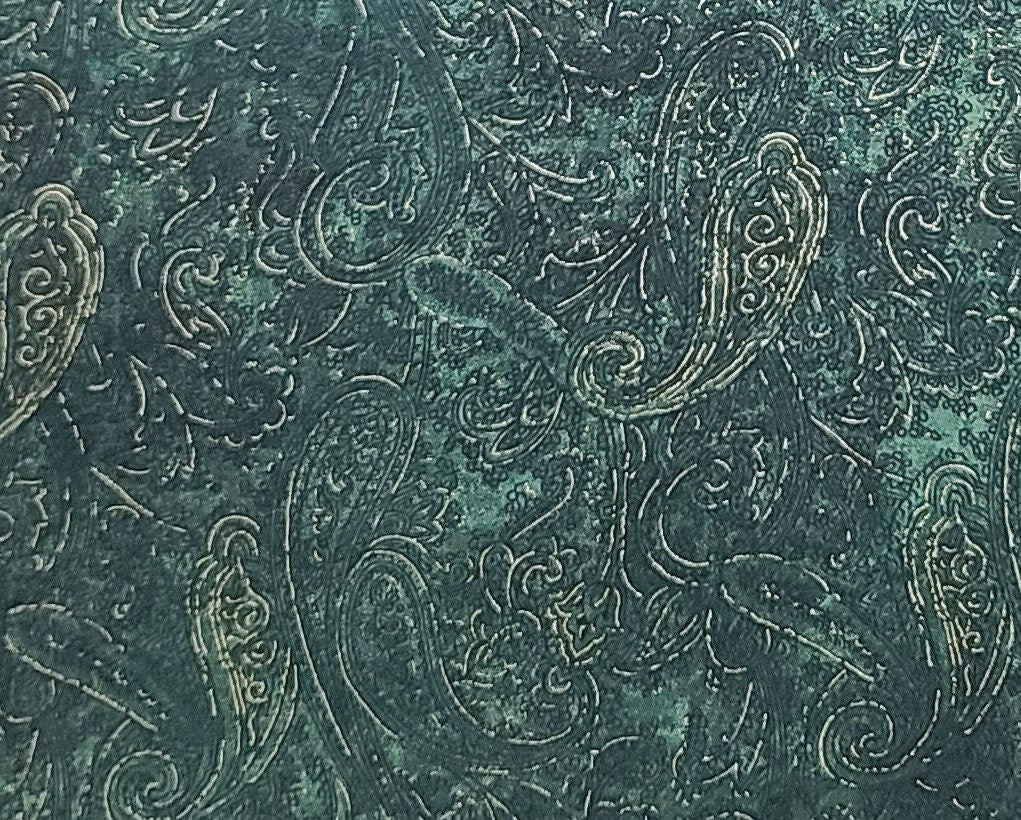 Black & White by Maywood Studio EESCO - Dark Green Tonal Fabric / Gold Metallic Paisley Pattern