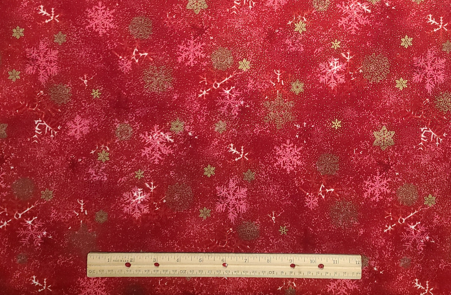 Evergreen by Hoffman International Fabrics - Red Tonal Fabric / White Snowflake Pattern / Gold Metallic Snowflake and Pindot Print