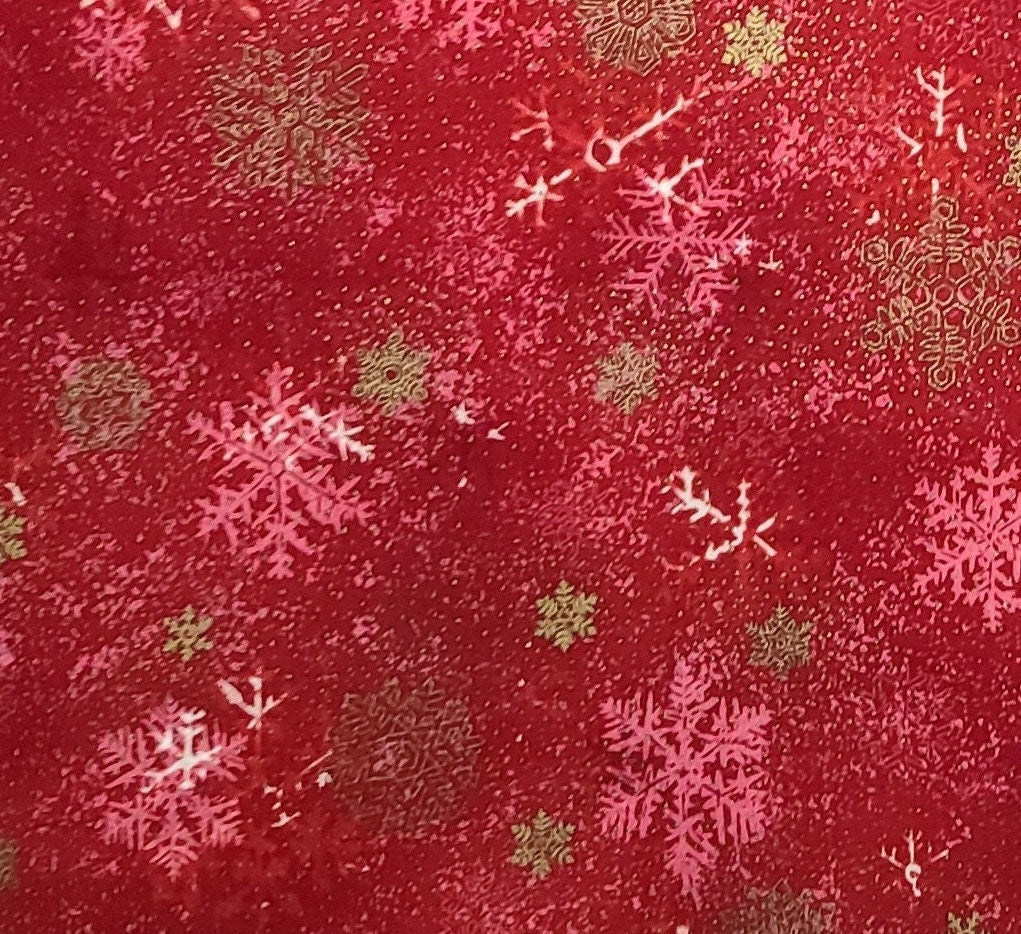 Evergreen by Hoffman International Fabrics - Red Tonal Fabric / White Snowflake Pattern / Gold Metallic Snowflake and Pindot Print