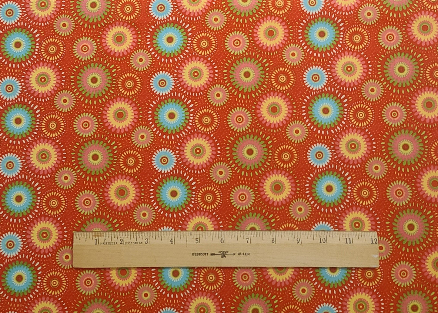 Red Fabric / Turquoise, Green, Pink, Yellow Retro Flower Print - Selvage to Selvage Print