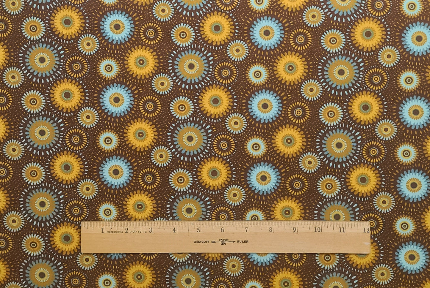 Brown Fabric / Light and Dark Aqua, Goldenrod, Dark Yellow Retro Flower Print - Selvage to Selvage Print