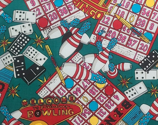 CP 37540 Fun and Games Bingo Concord House - Green Fabric / Brightly Colored Bingo, Bowling, Dominoes Print