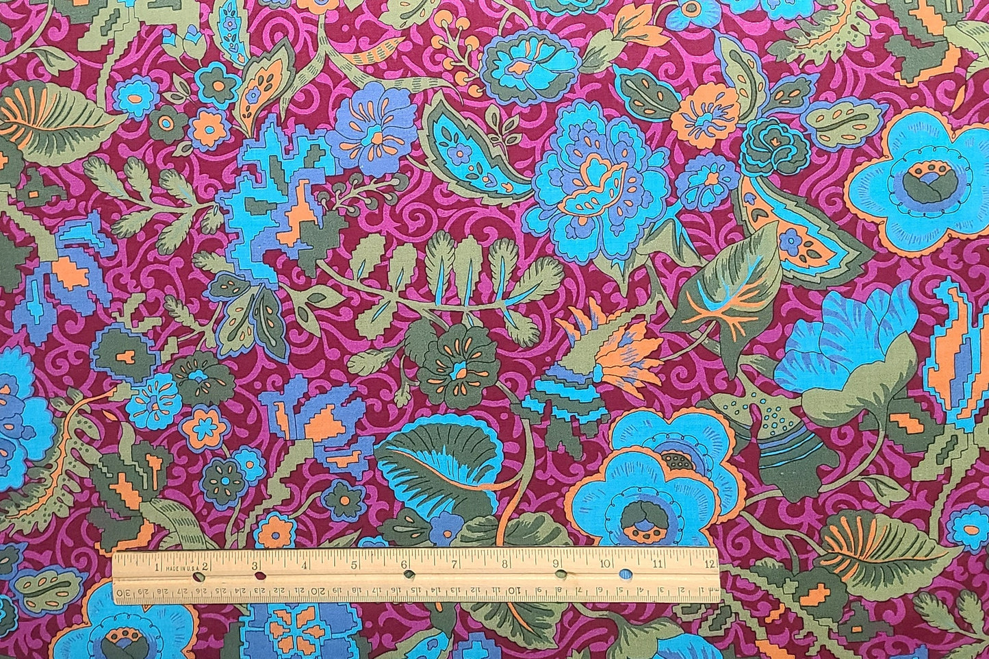 Springs Industries, Inc. - Dark and Bright Raspberry Fabric / Bright Blue and Orange Flower Print / Dark and Light Sage Green Leaves