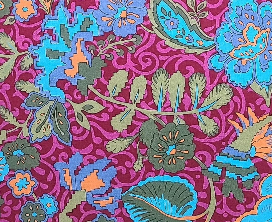 Springs Industries, Inc. - Dark and Bright Raspberry Fabric / Bright Blue and Orange Flower Print / Dark and Light Sage Green Leaves