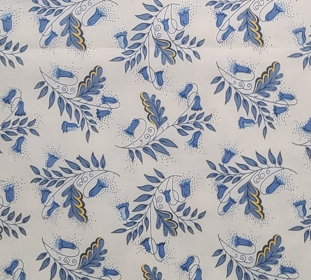 Cumberland Designed by Fons & Porter for Benartex, Inc. - White Fabric / Slate Blue and Yellow Flower and Leaf Print