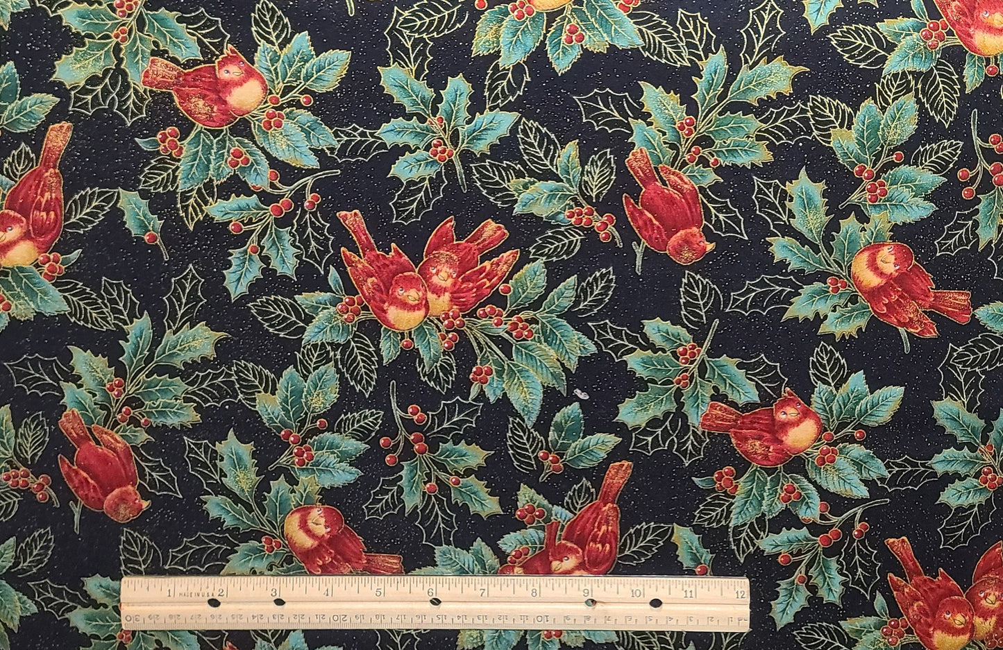 First Frost by Maywood Studio EESCO - Black Fabric / Red Bird Print on Green Holly with Red Berries / Gold Metallic Accents