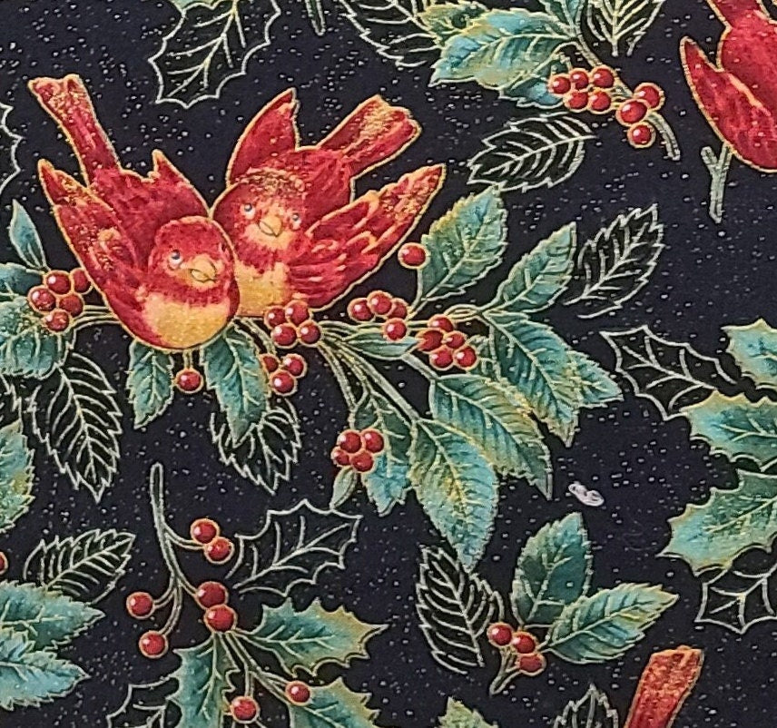 First Frost by Maywood Studio EESCO - Black Fabric / Red Bird Print on Green Holly with Red Berries / Gold Metallic Accents