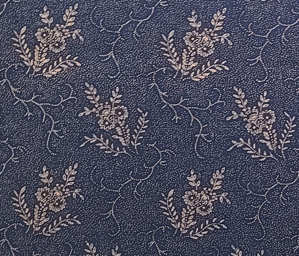 Dark Blue Fabric / Tan Victorian Style Flower Print - Selvage to Selvage Print