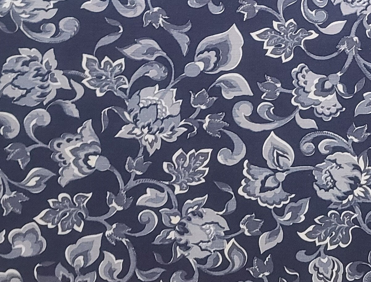 Dark Blue Fabric / Slate, Gray and White Flower Print - Selvage to Selvage Print