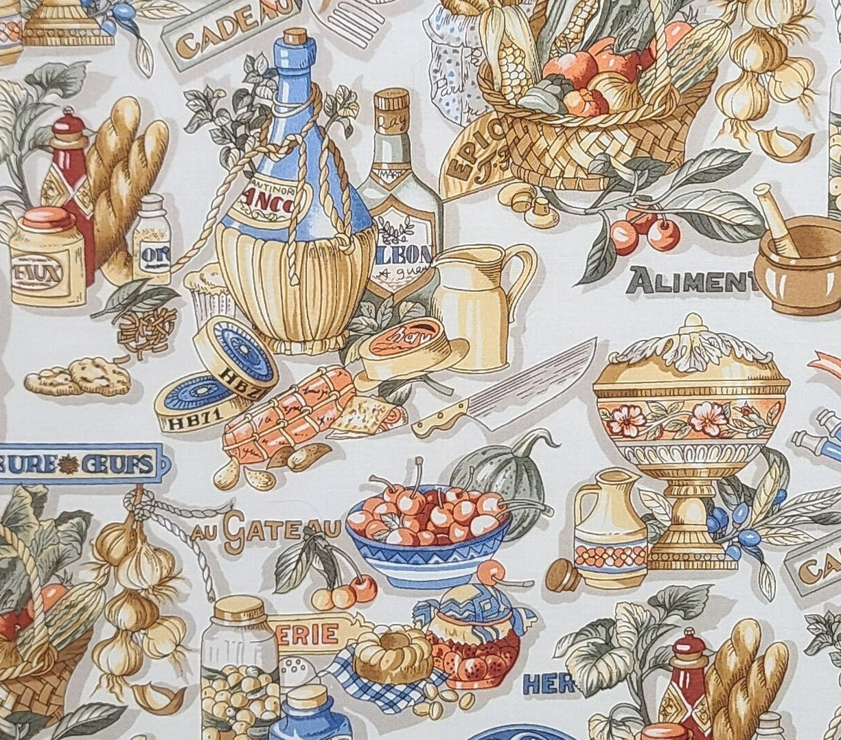 Kitchen Kitsch by Hoffman International Fabrics - Soft White Fabric / Country Blue, Coral and Tan Kitchen/Food Print