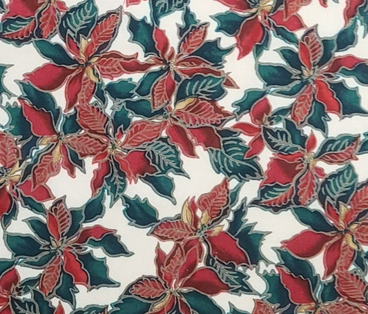 A Woodland Winter by Hoffman California Fabrics - White Fabric / Dark Red, Dark Green and Antique Gold Poinsettia Print