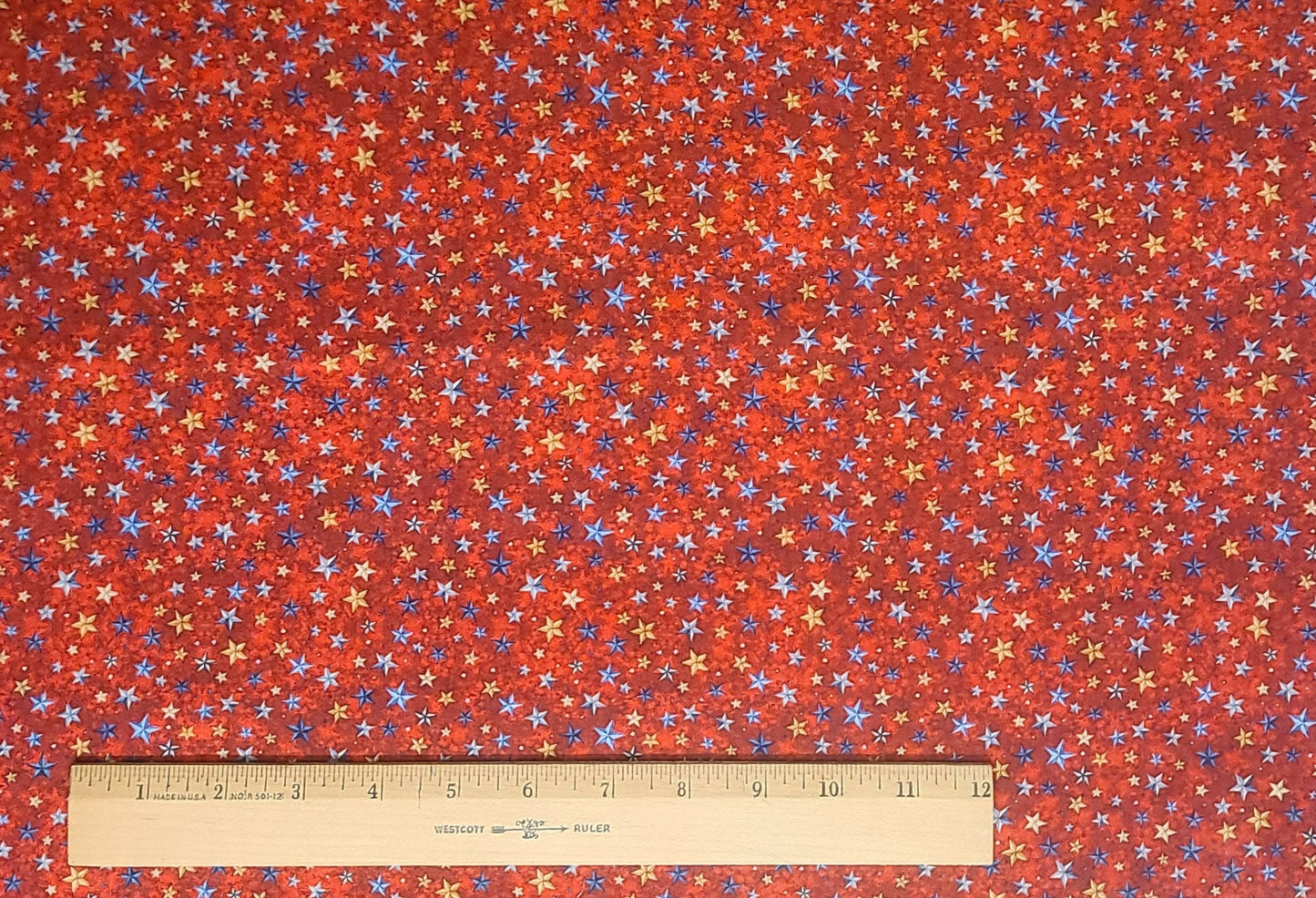 EOB - Dan Morris Design 2019 for QT Fabrics - Red and Dark Red Tonal Fabric / Blue and Gold Scattered Stars Print