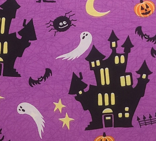 Bright Light Purple Fabric / Halloween Ghost Spider, Haunted House Print