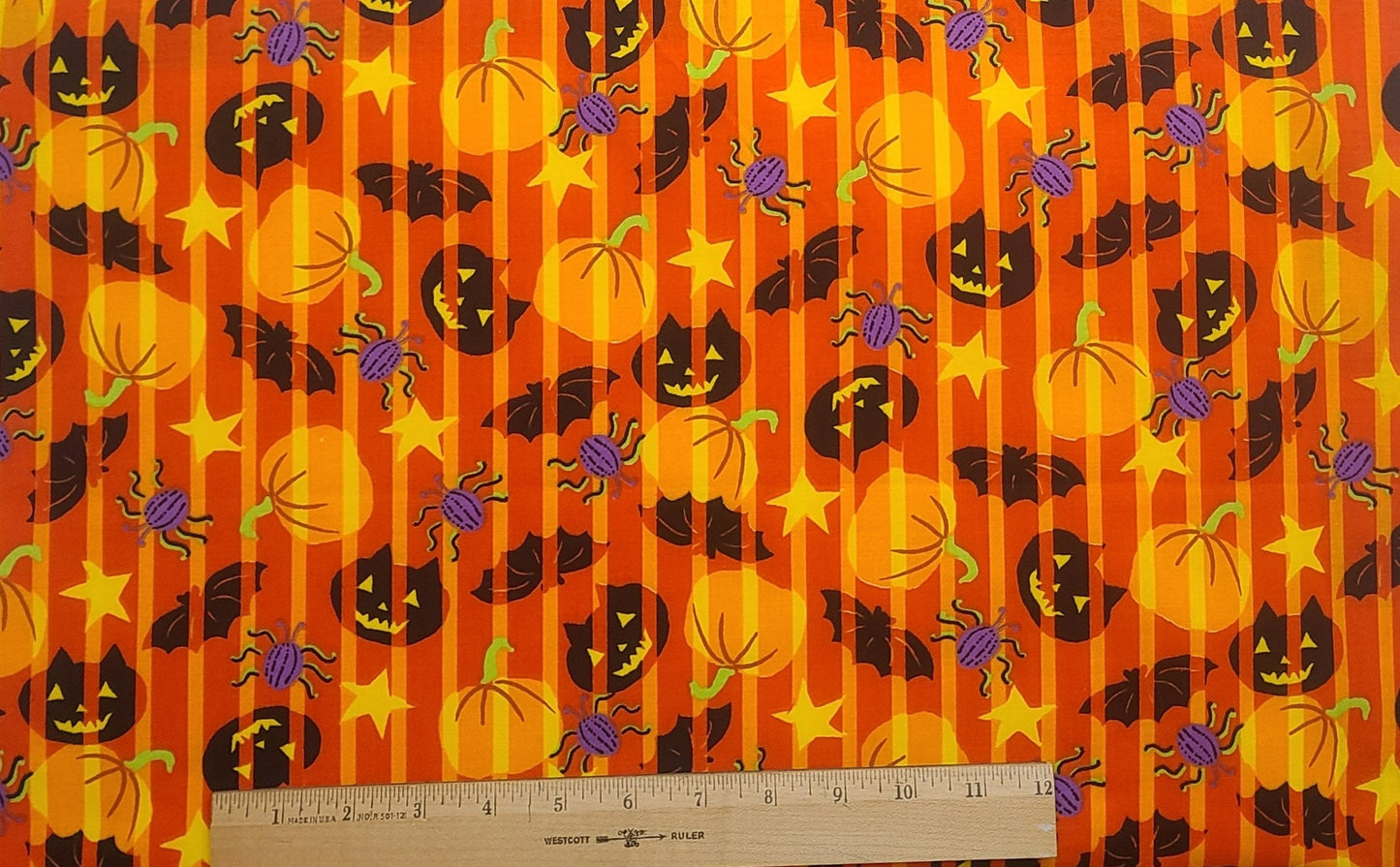 Dark Orange and Bright Yellow Striped Fabric / Black Cat, Purple Spider, Bats and Pumpkin Print