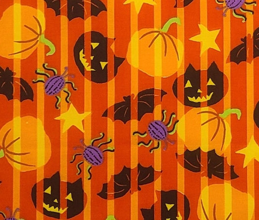 Dark Orange and Bright Yellow Striped Fabric / Black Cat, Purple Spider, Bats and Pumpkin Print