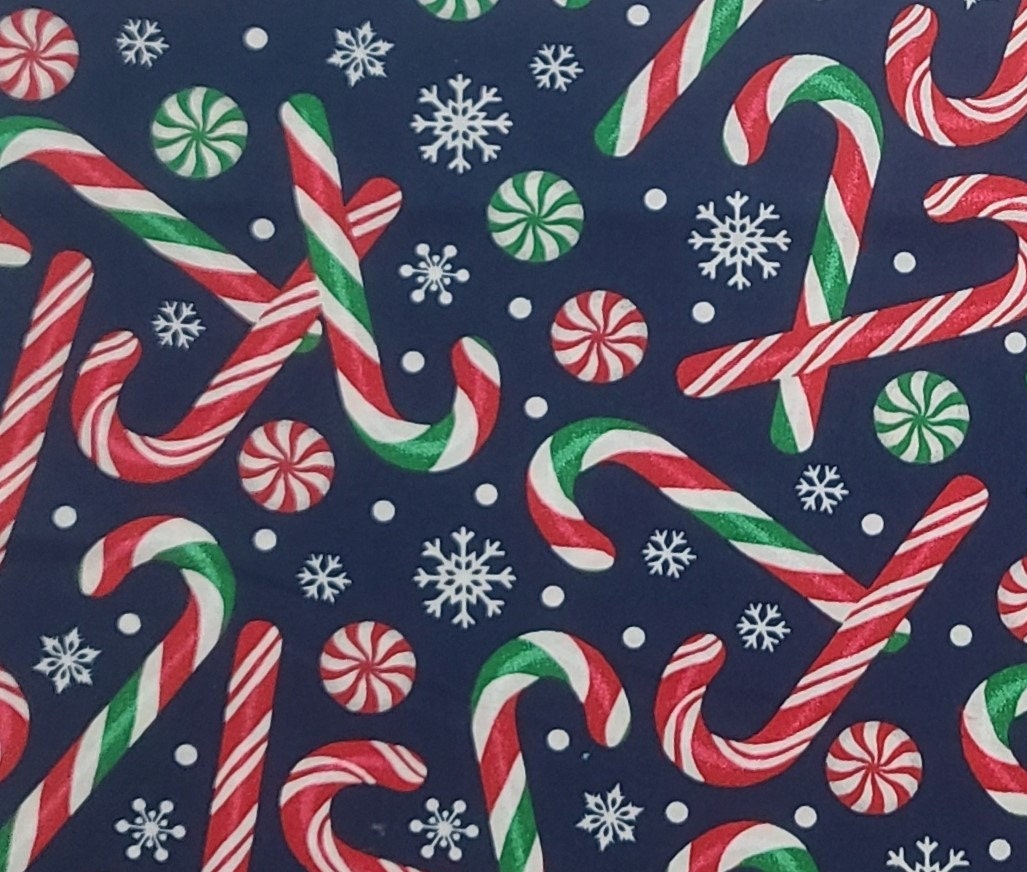 Navy Fabric / Red, White and Green Candycane and Peppermint Mint Candy ...