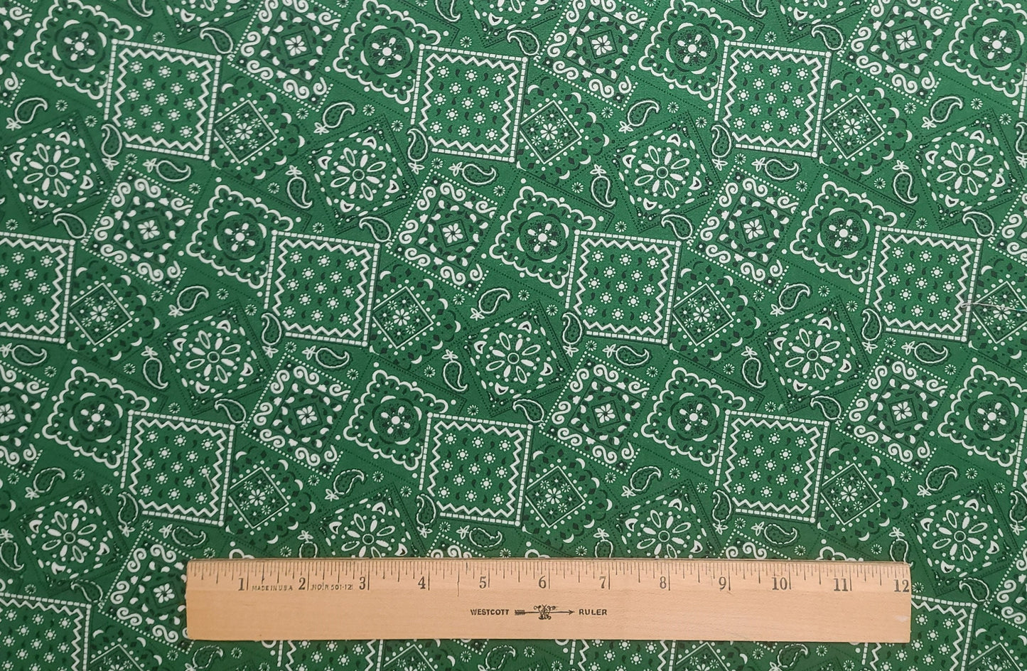 Marshall Dry Goods Co Blazing Bandana - Green, White and Black Bandana Print Fabric - Selvage to Selvage Print