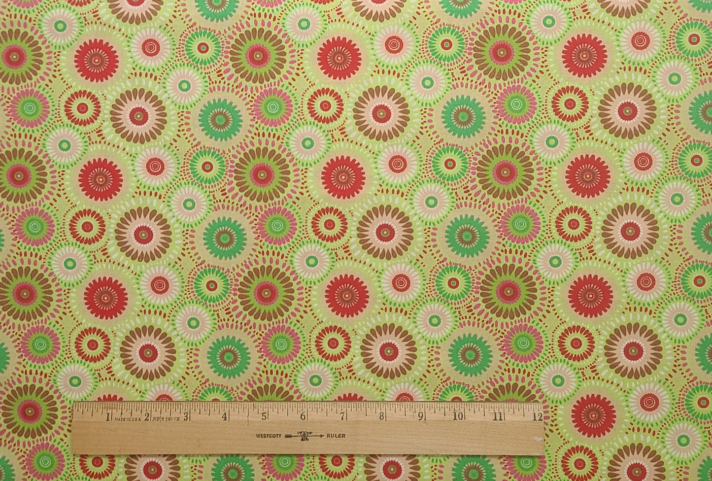 Spring Green Fabric / Red, Brown, Peach, Bright Pink Retro Flower Print - Selvage to Selvage Print