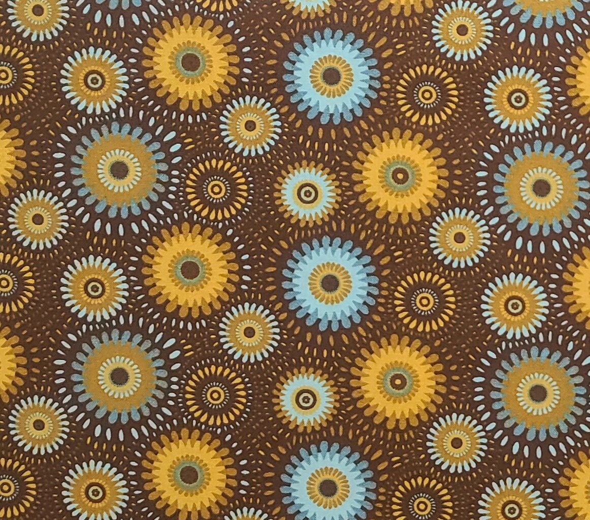 Brown Fabric / Light and Dark Aqua, Goldenrod, Dark Yellow Retro Flower Print - Selvage to Selvage Print