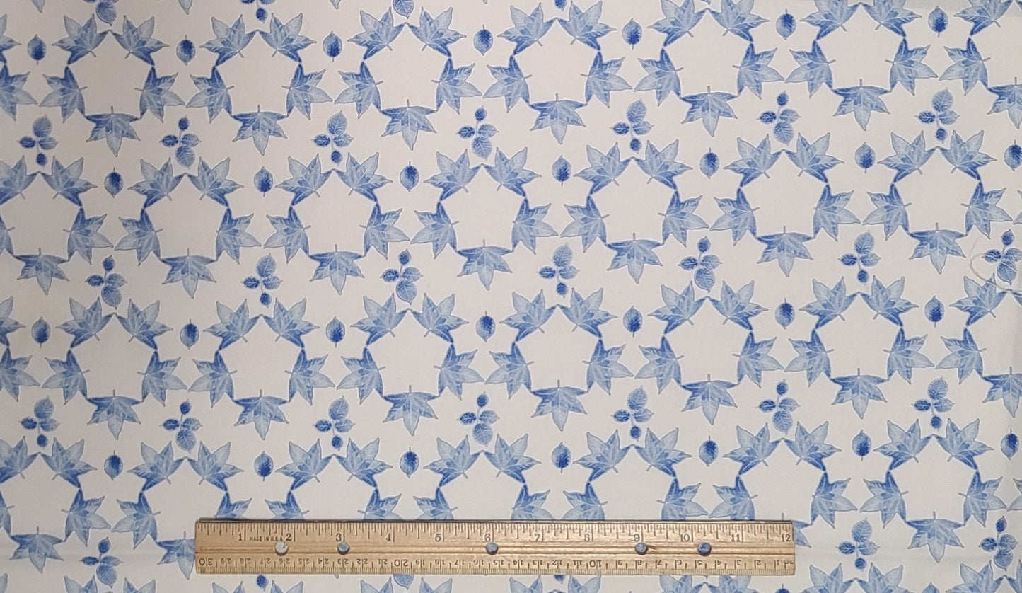 Suzan Engler for QT Fabrics Lapis Leaves - White Fabric / Medium Blue Tonal Leaf Print