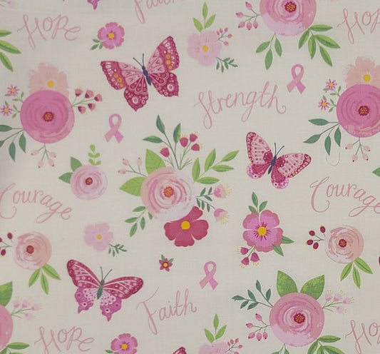 Riley Blake Design Strength in Pink 2022 Pattern C12620 - Soft Pink Fabric / Pink Flower, Butterfly, Cancer Ribbon, Encouraging Words