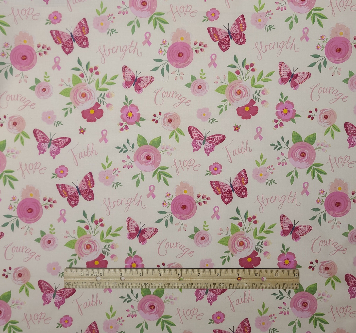 Riley Blake Design Strength in Pink 2022 Pattern C12620 - Soft Pink Fabric / Pink Flower, Butterfly, Cancer Ribbon, Encouraging Words