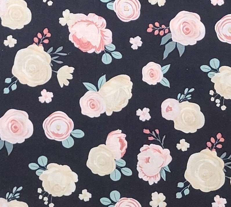 At First Sight by Dani Mogstad 2022 Riley Blake Designs Pattern C12682 - Black Fabric / Pink, Gold and Seafoam Flower Print