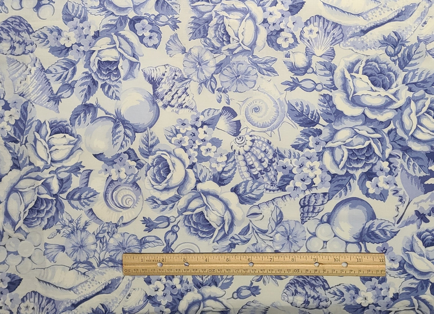 Cranston Home Fashions Print - 60" WIDE - White Fabric / Medium and Light Blue Floral, Fruit and Shell Print