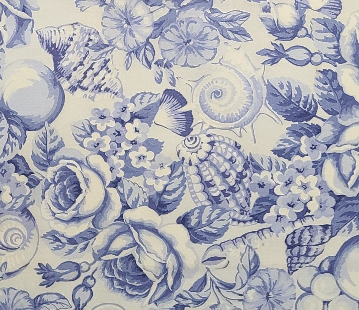 Cranston Home Fashions Print - 60" WIDE - White Fabric / Medium and Light Blue Floral, Fruit and Shell Print